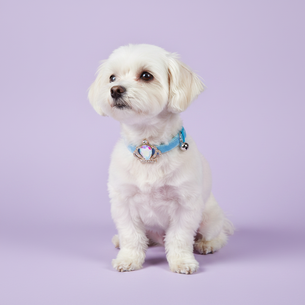White Maltese sitting upright with a slight head tilt wearing a light blue velvet dog collar with a silver crown and iridescent aurora crystal pendant