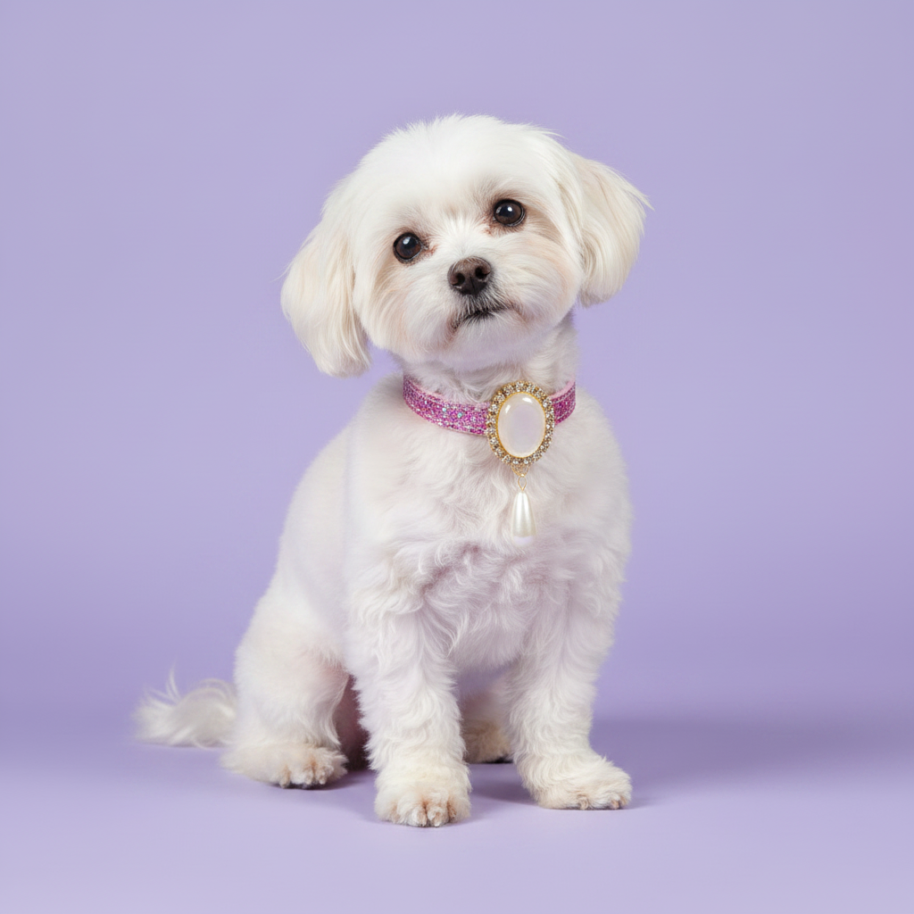 White Maltese sitting and facing forward wearing a pink glitter dog collar with a gold oval pearl and rhinestone pendant