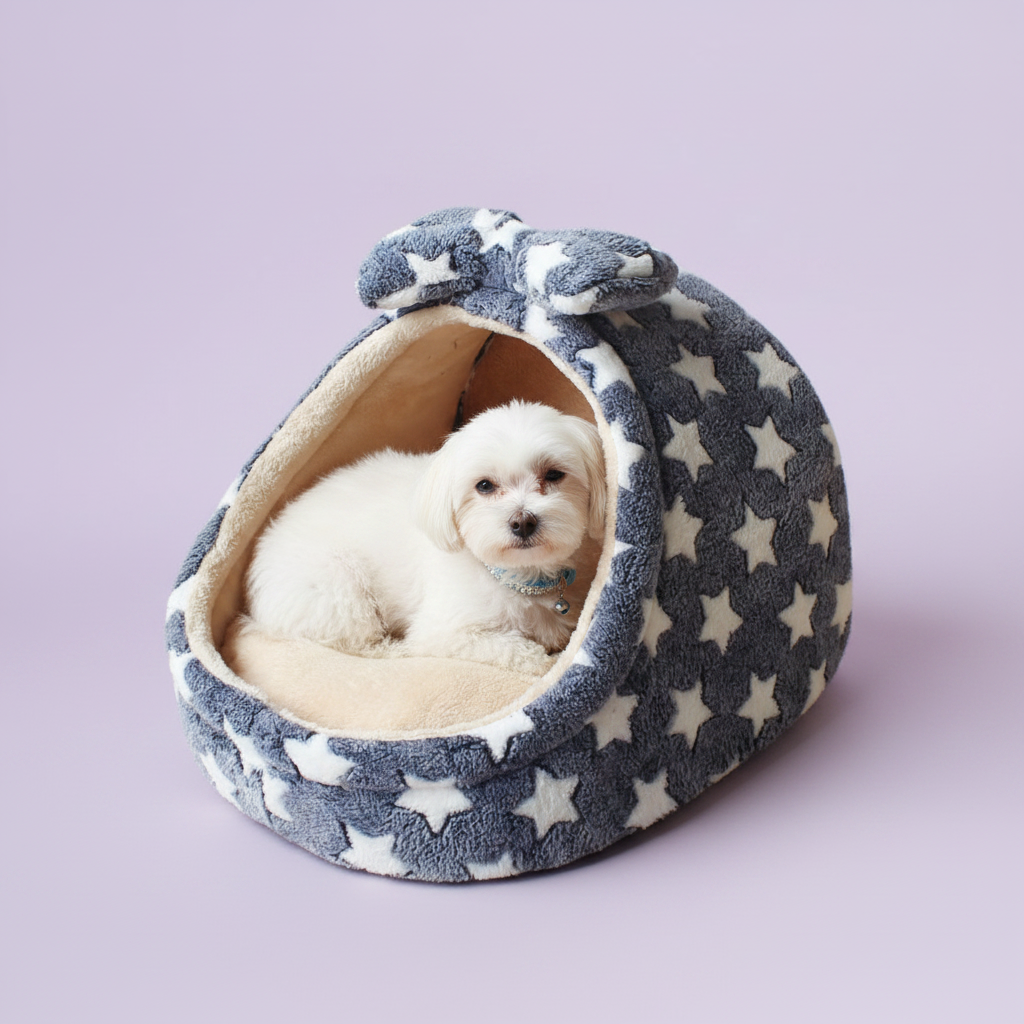 White Maltese dog with crystal collar resting inside a grey and cream star print plush igloo cave bed with matching bow detail, lavender background