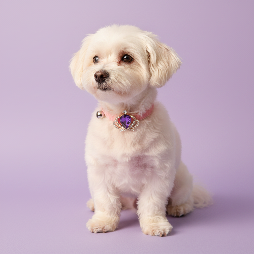 White Maltese wearing blush pink velvet dog collar with gold crown and purple amethyst teardrop gem pendant — luxury small dog collar