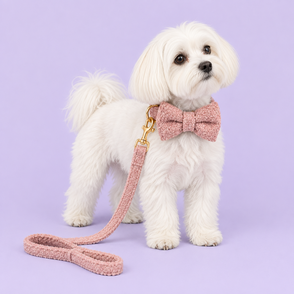 White Maltese in pink teddy-fleece set