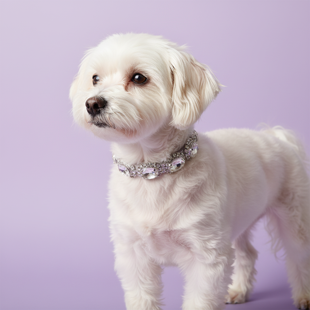 White Maltese standing and looking to the side, wearing a clear crystal beaded collar, on a lavender background