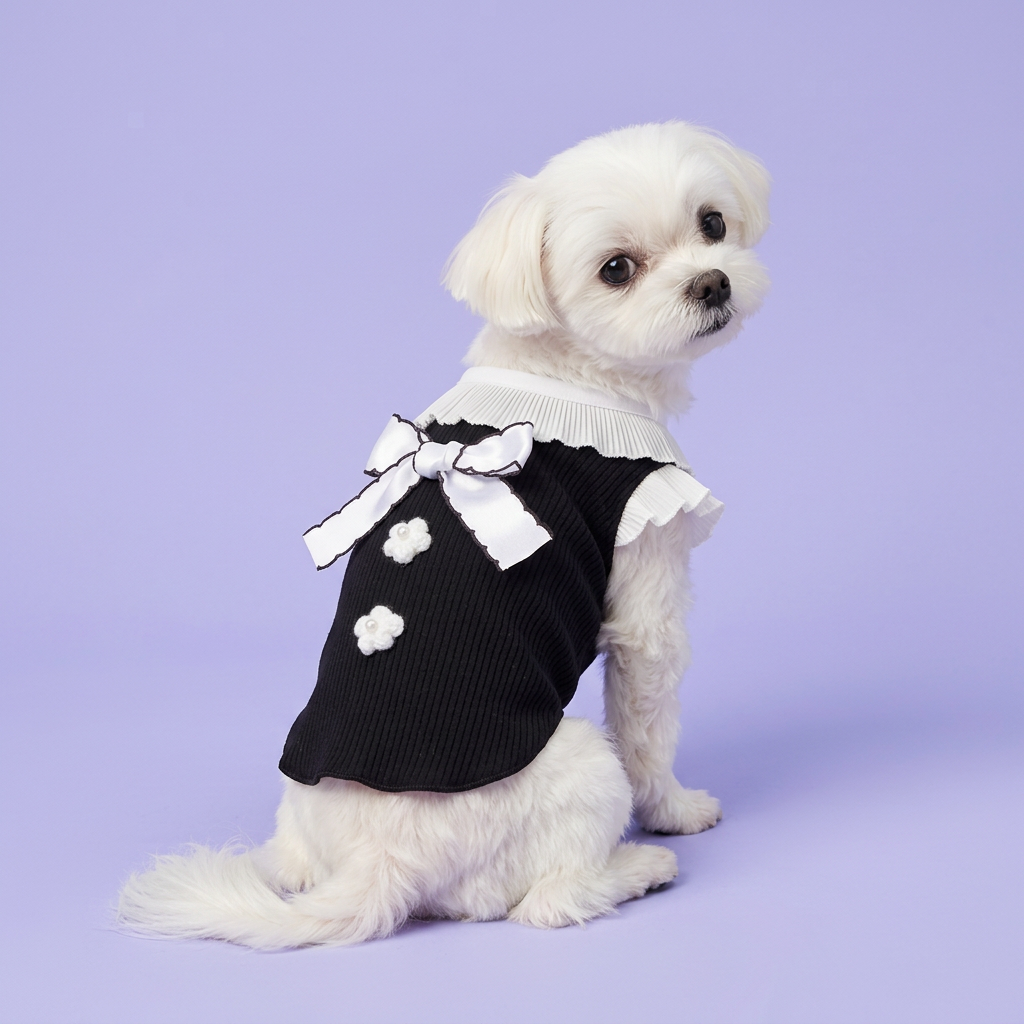 White Maltese looking back to show the bow and flowers
