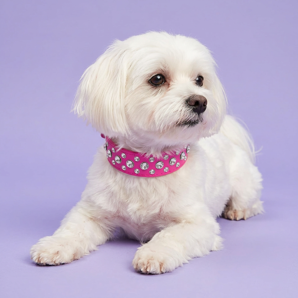 White Maltese lying down gazing aside, wearing the hot pink rhinestone collar