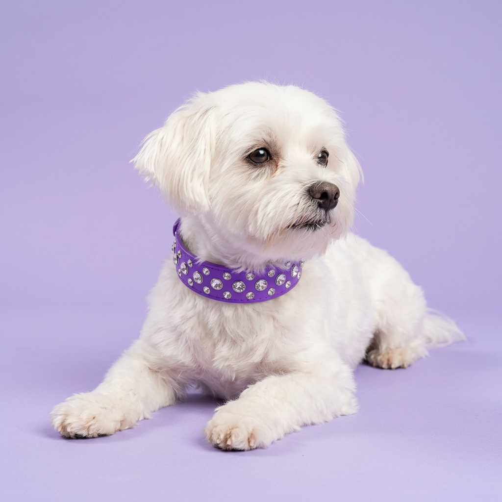 White Maltese lying down gazing aside, wearing the wide purple rhinestone collar