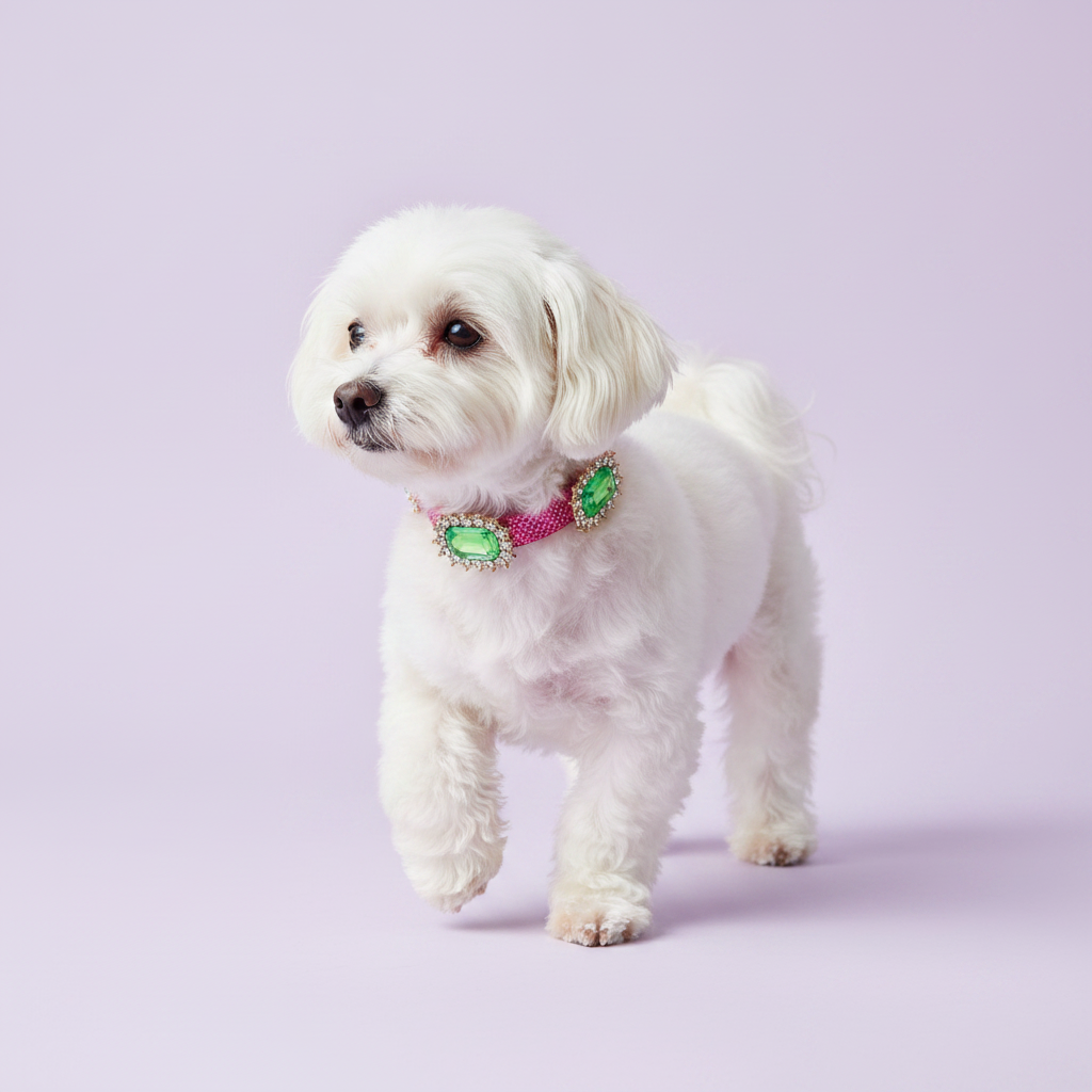 Dark-eyed white Maltese standing in a three-quarter view and gazing to the side wearing a magenta pink rhinestone collar with multiple rhinestone-framed emerald green rectangular crystal embellishments, luxury sparkle emerald gem dog collar for small breeds on solid lavender background