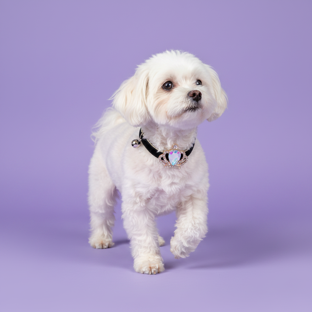 White Maltese mid-prance in a three-quarter pose wearing a black velvet dog collar with a silver crown and iridescent aurora crystal pendant