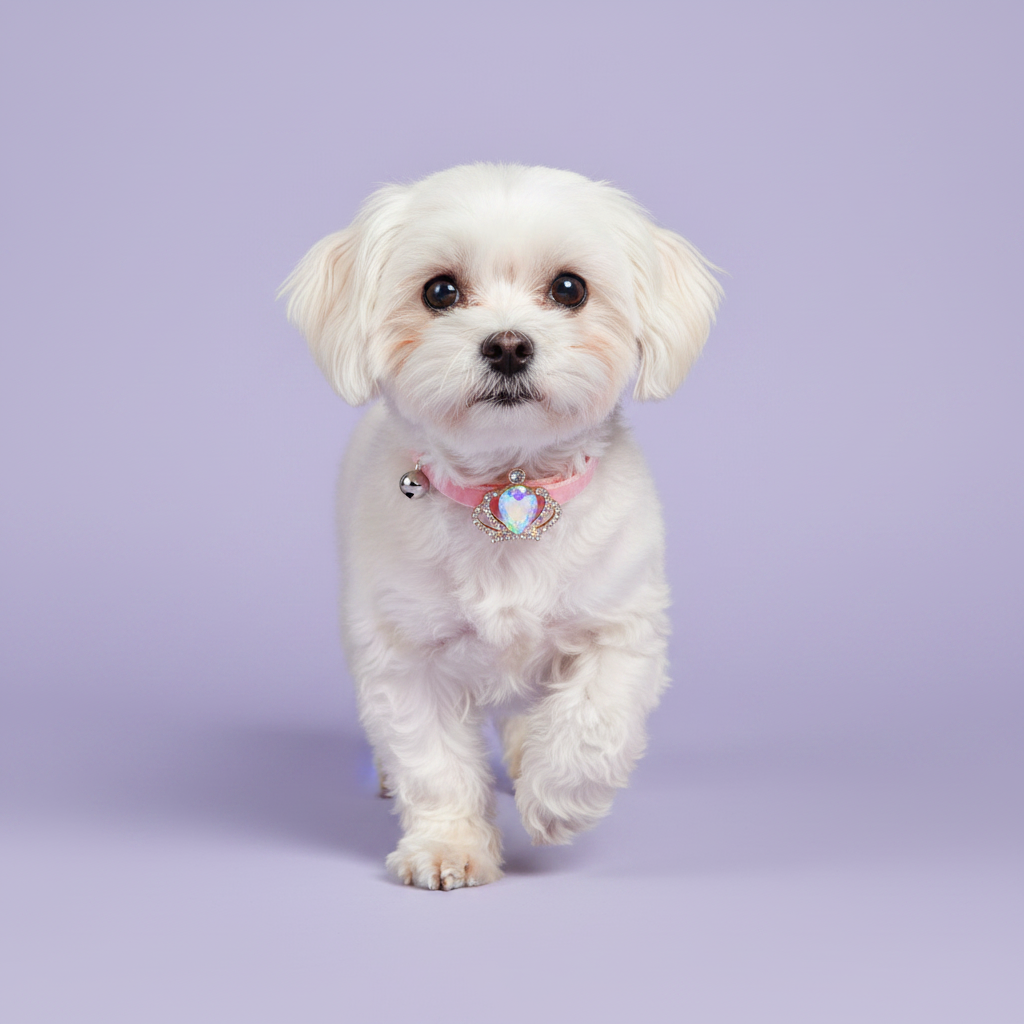 White Maltese mid-prance facing the camera wearing a light pink velvet dog collar with a silver crown and iridescent aurora crystal pendant