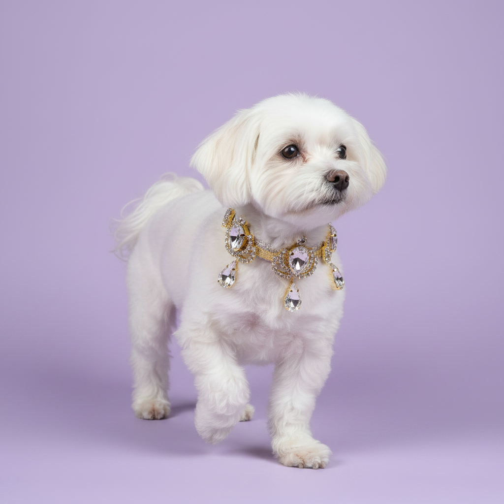 White Maltese mid-prance in three-quarter view wearing a gold and clear crystal chandelier rhinestone dog collar with teardrop pendants
