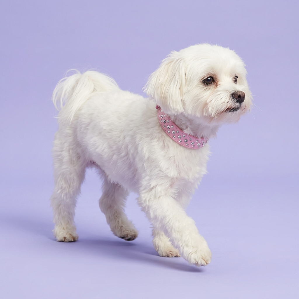 White Maltese mid-step glancing aside, wearing the pink rhinestone leather collar