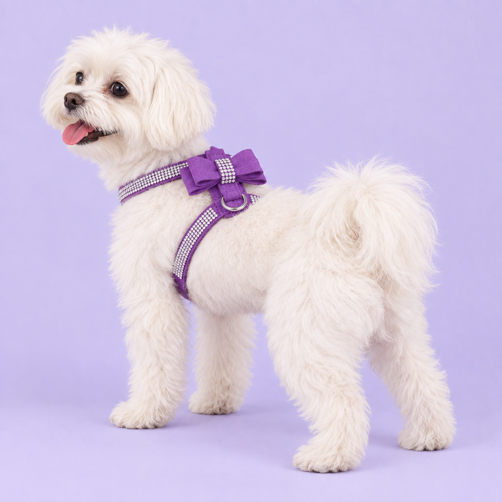 White Maltese or bichon in the purple harness