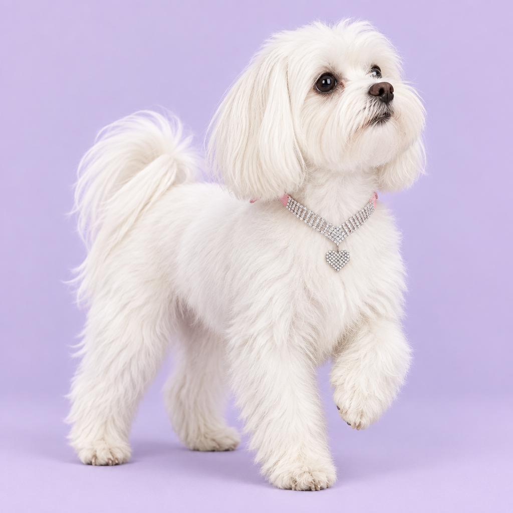 White Maltese pausing mid-step and looking upward