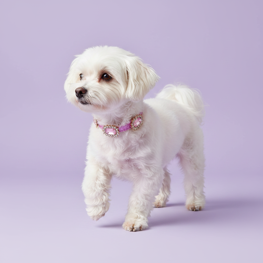 Brown-eyed white Maltese standing in a three-quarter view with one paw raised and gazing to the side wearing a pink glitter rhinestone collar with multiple rhinestone-framed blush pink rectangular crystal embellishments, luxury sparkle rectangular gem dog collar for small breeds on solid lavender background