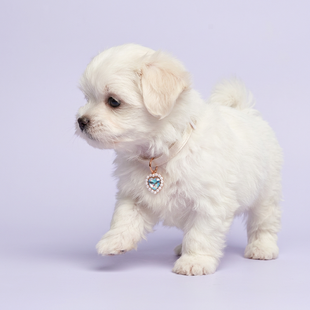 White Maltese puppy mid-step glancing aside, wearing the ivory satin iridescent heart-charm collar