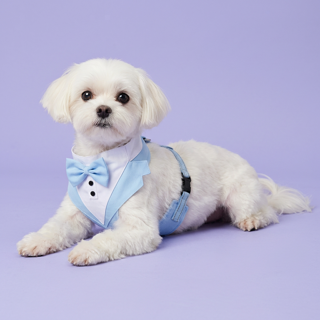 White Maltese reclining in the light-blue tuxedo harness