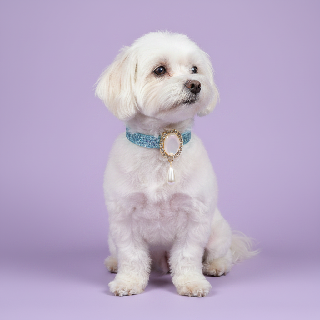 White Maltese sitting tall and gazing to the side wearing a light blue glitter dog collar with a gold oval pearl and rhinestone pendant