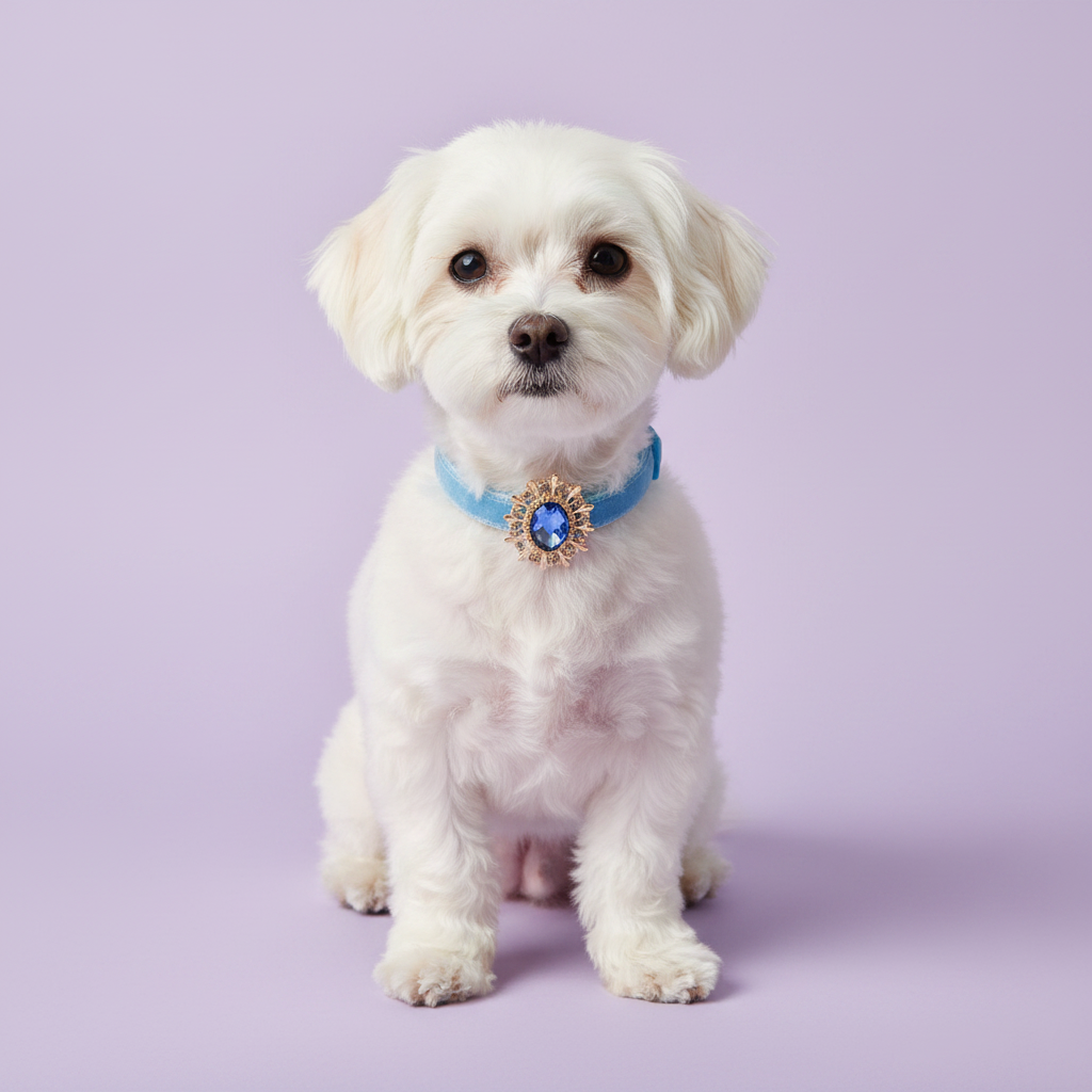 White Maltese sitting upright facing straight ahead wearing a light blue velvet dog collar with a sapphire blue oval crystal sunburst pendant