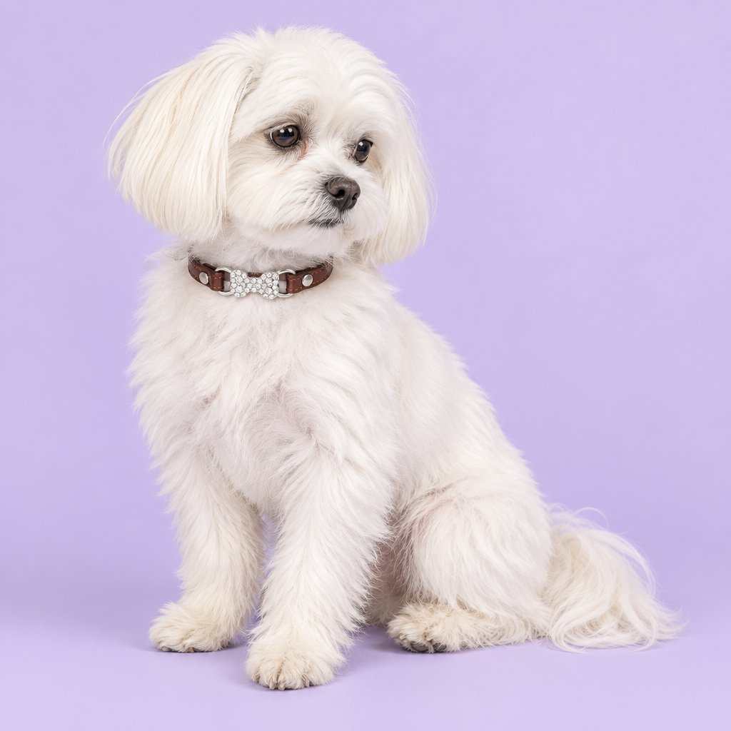White Maltese seated with the rhinestone bone centered