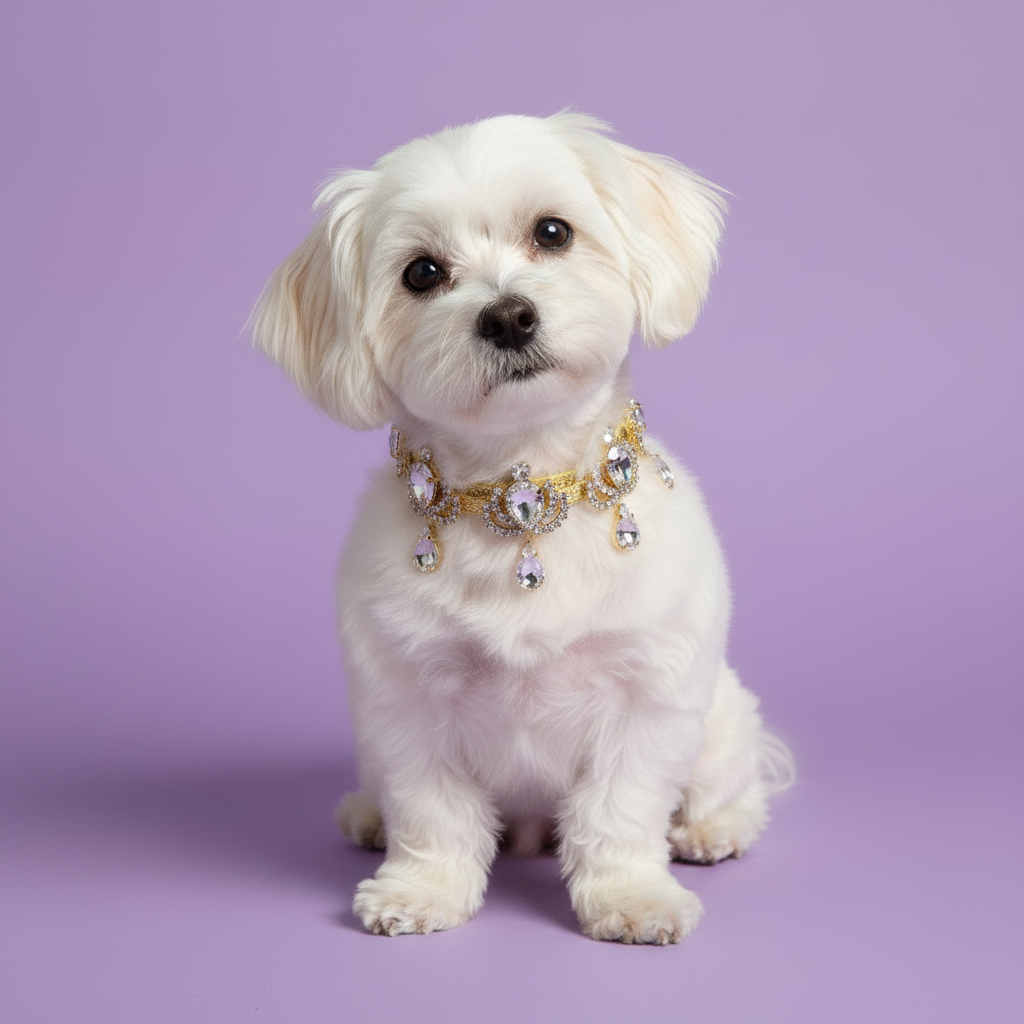 White Maltese sitting and facing forward wearing a gold and lavender crystal teardrop pendant rhinestone dog collar