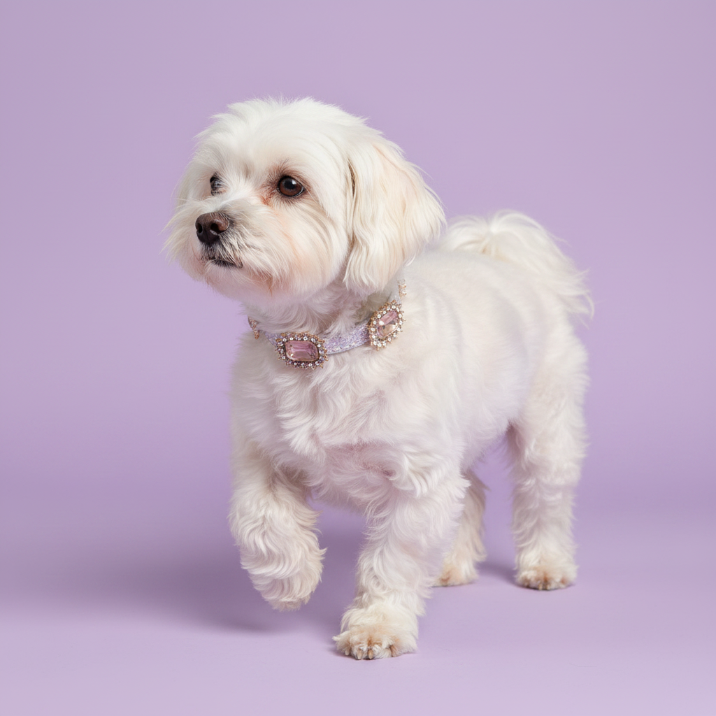 Brown-eyed white Maltese mid-prance in a three-quarter view with one paw raised and gazing to the side wearing a silver glitter rhinestone collar with multiple rhinestone-framed champagne blush rectangular crystal embellishments, luxury sparkle rectangular gem dog collar  on solid lavender background