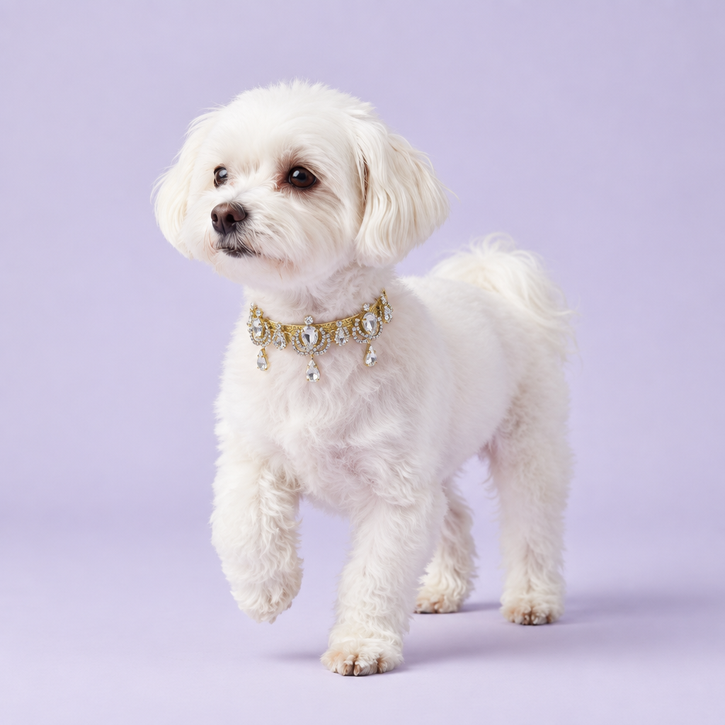 White Maltese sitting in a three-quarter pose