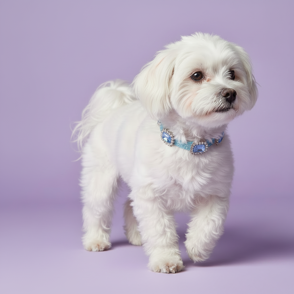 White Maltese wearing a blue sapphire crystal rhinestone dog collar