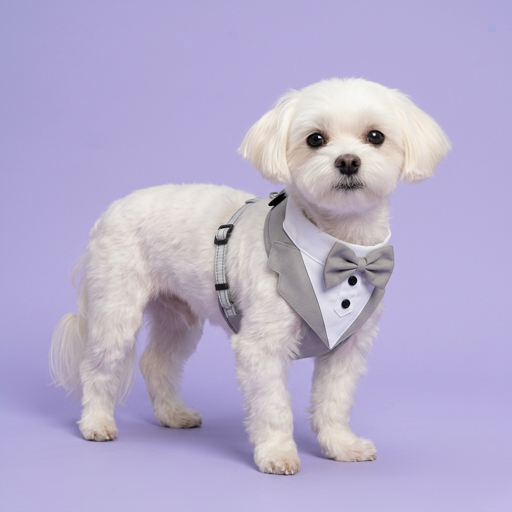 White Maltese standing in the grey tuxedo harness