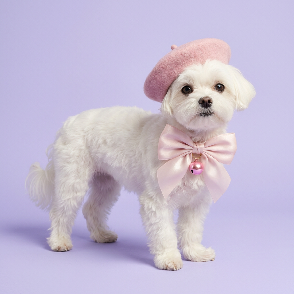 White Maltese standing in the pink beret and bow
