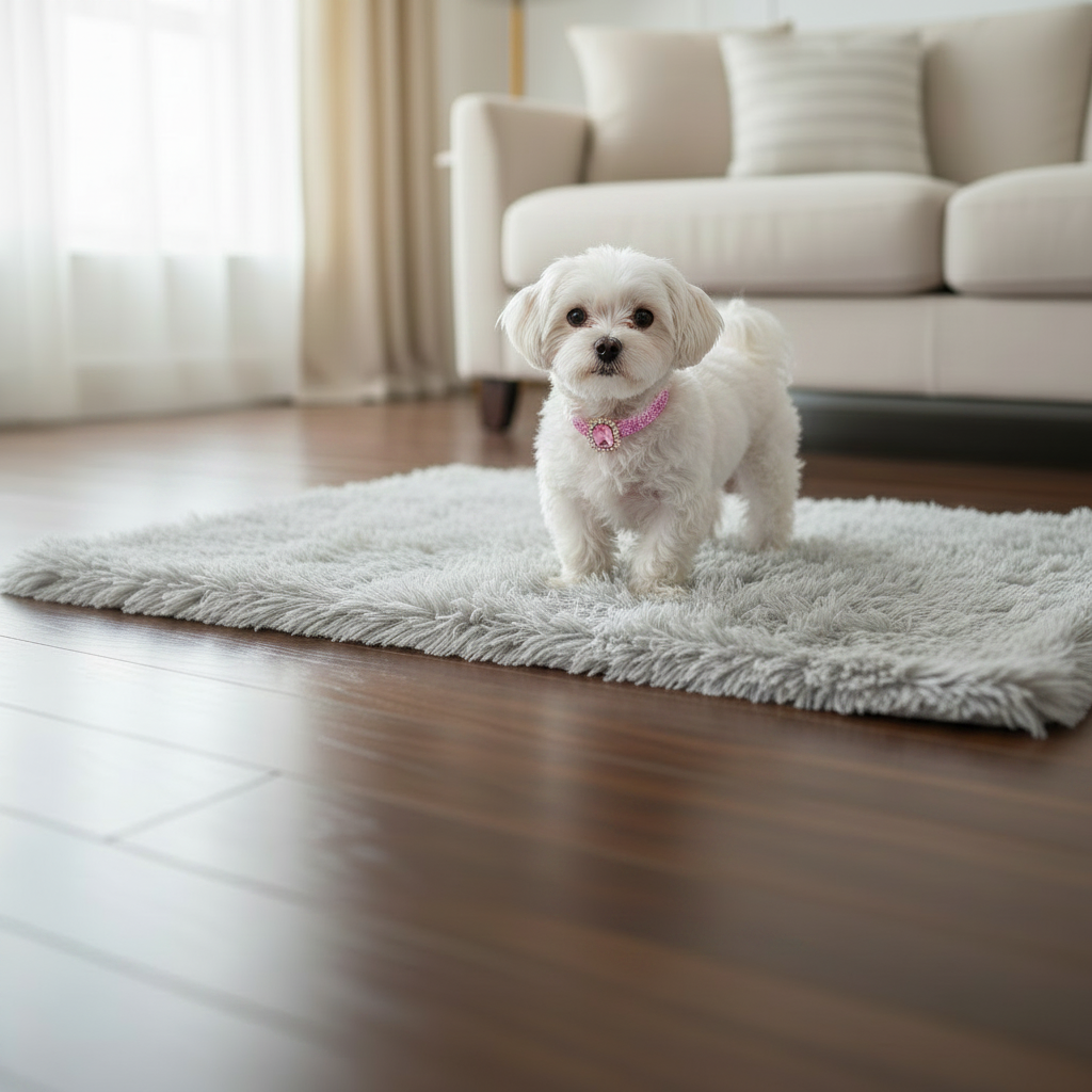 White Maltese Standing on Grey Shag Mat Living Room