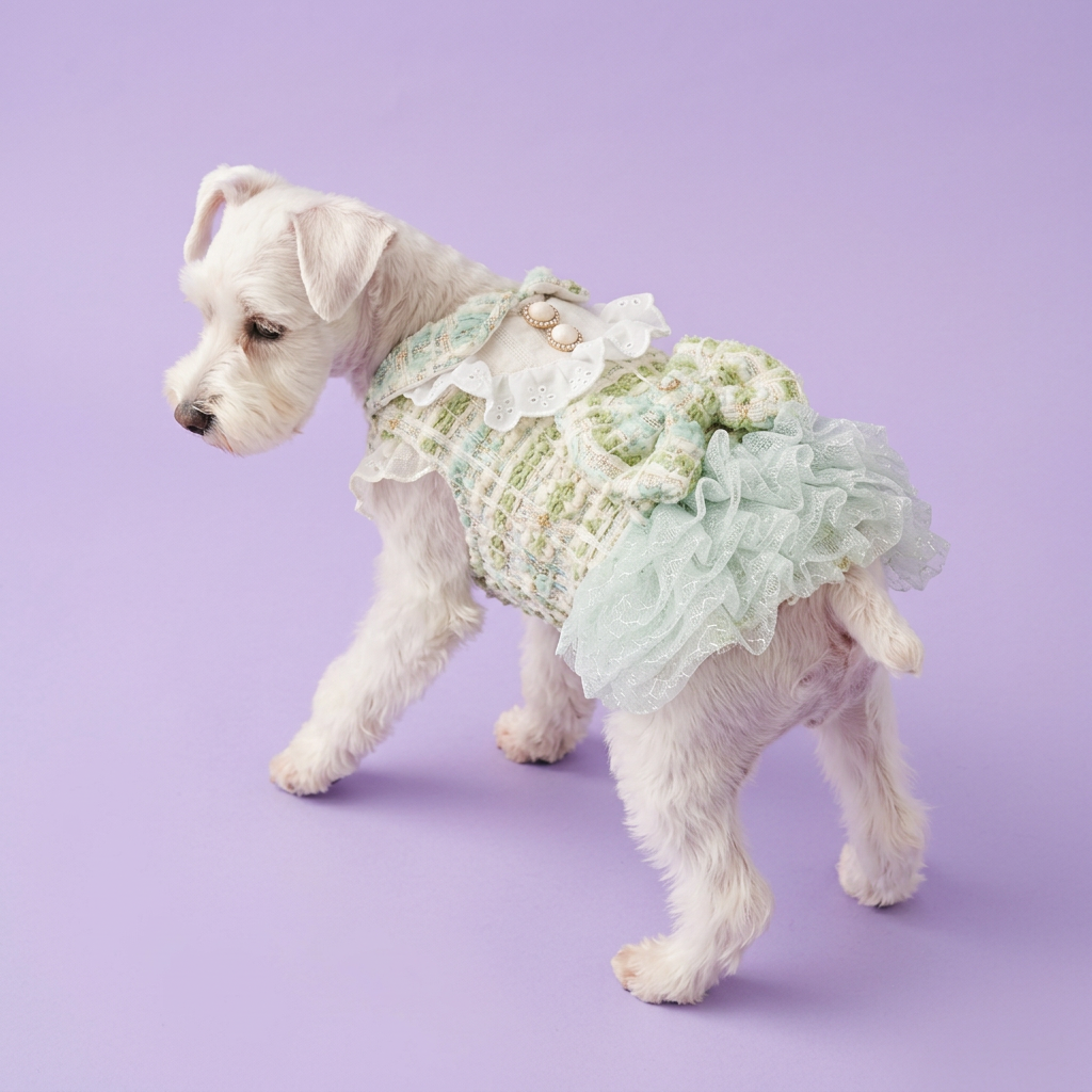 White miniature Schnauzer in the green tweed dress