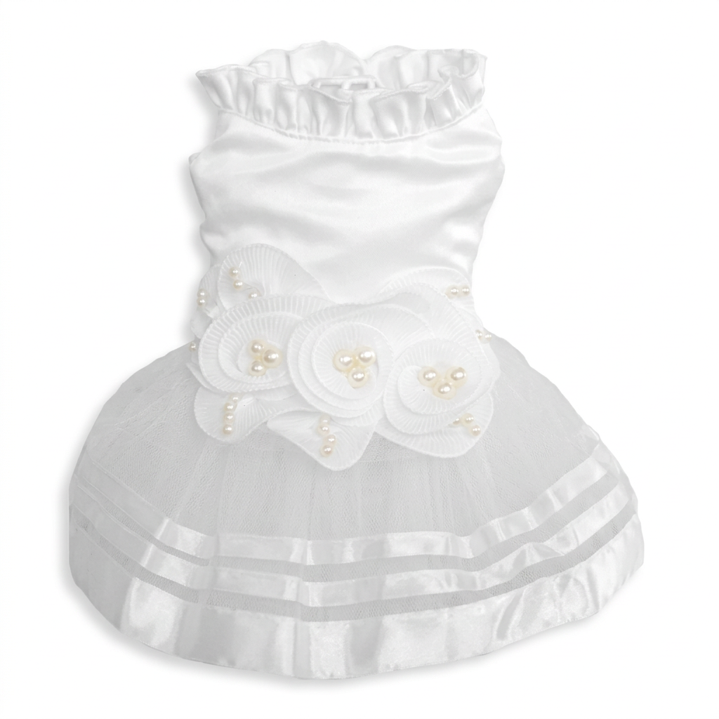 White pearl flower pet dress in a square flat-lay product photo on white