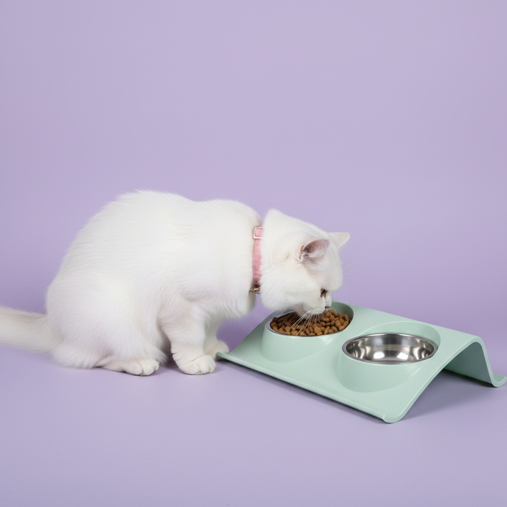 White Persian cat wearing a pink collar eating dry kibble from a mint green double pet bowl feeder with stainless steel bowls, lavender background