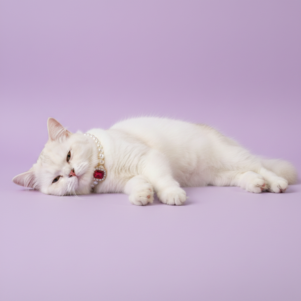 White Persian cat lounging on its side, wearing a double pearl collar with a red gemstone pendant against a lavender background