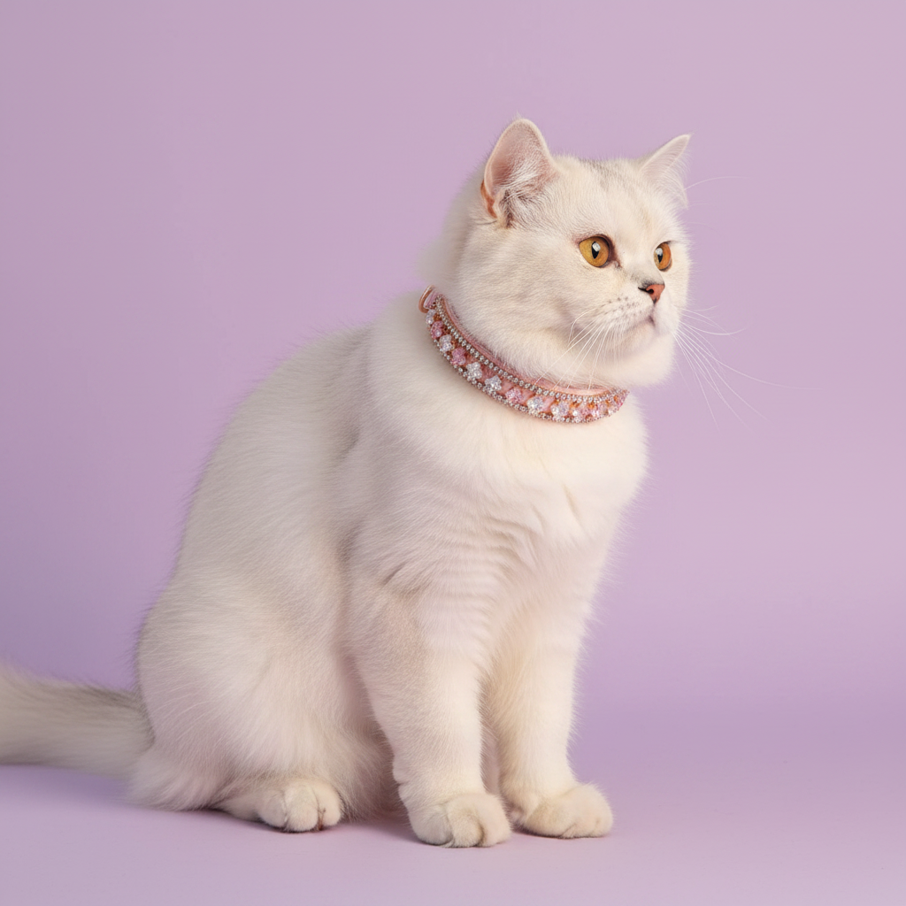 Pretty Posh Pets luxury rhinestone cat collar — a fluffy white Persian cat sitting in a three-quarter pose with striking amber eyes, wearing a wide pink leather collar adorned with alternating princess-cut pink and clear crystal gemstones set in rose gold with pearl accents, gazing to the side against a soft lavender background. Signature Edit aesthetic.