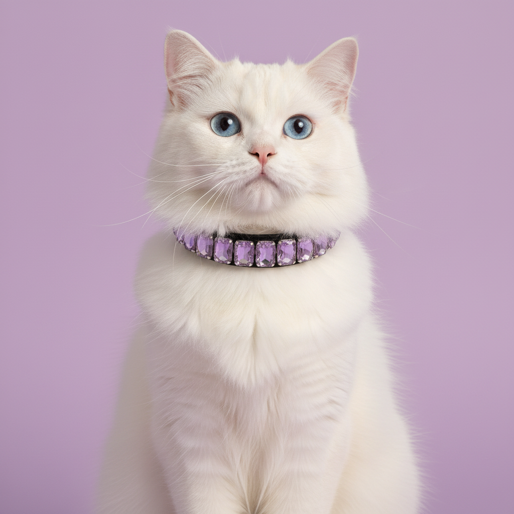 White Persian cat sitting and wearing a lavender crystal rhinestone collar against a soft lavender studio background.