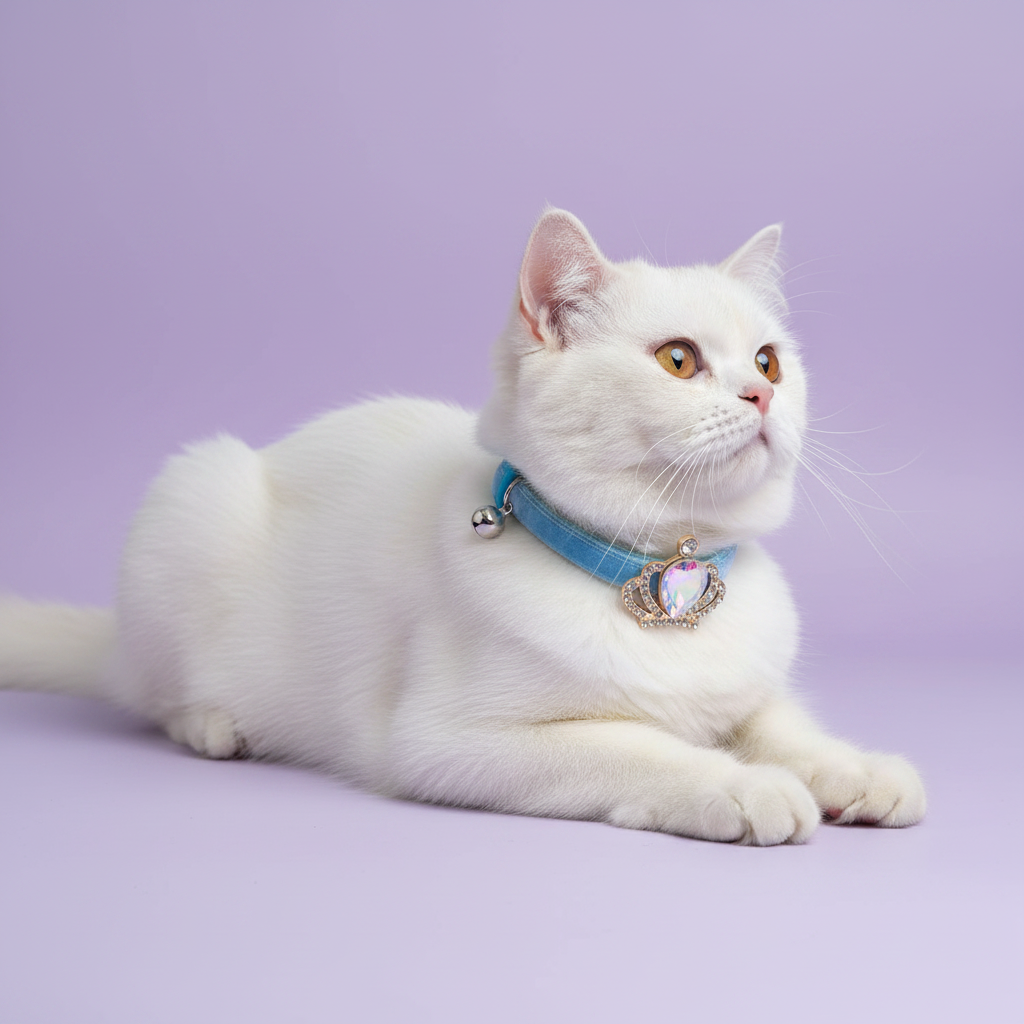 White cat lounging in a sphinx pose and gazing to the side wearing a light blue velvet breakaway cat collar with a silver crown and iridescent aurora crystal pendant