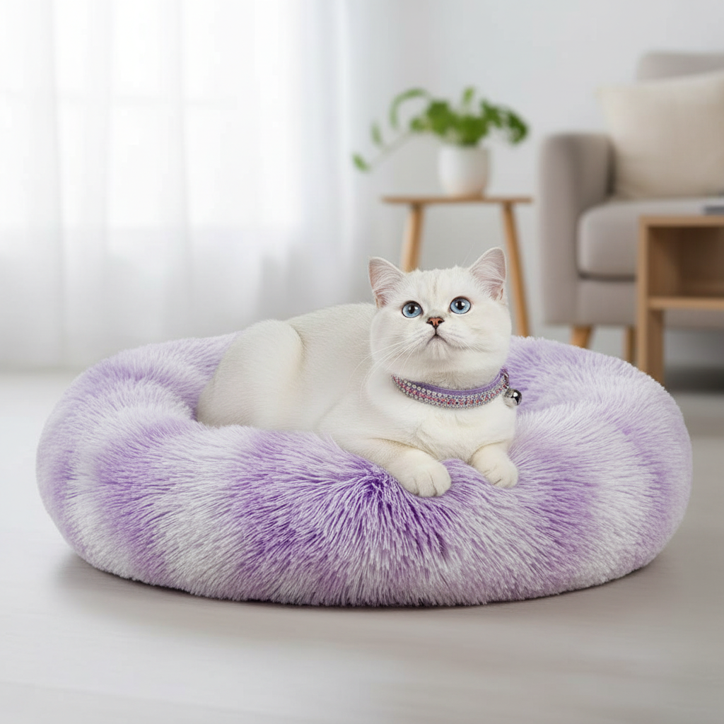 White Persian cat wearing a lavender crystal rhinestone collar with bell lounging in a round lavender tie-dye shaggy faux fur donut calming pet bed in a bright modern living room