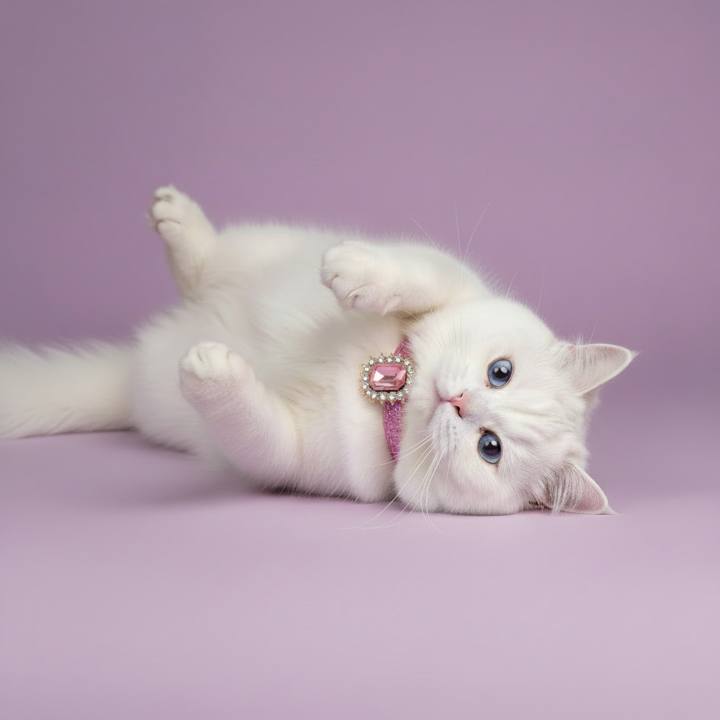 White Persian cat rolling on its back wearing a pink crystal rhinestone breakaway cat collar