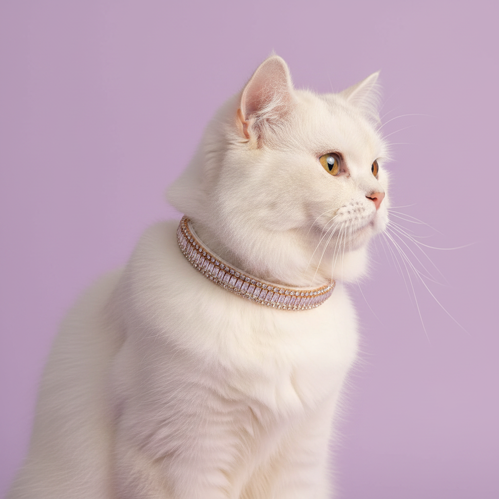 Pretty Posh Pets luxury rhinestone cat collar — a fluffy white cat in side profile wearing a white leather collar with emerald-cut clear crystal baguette gemstones bordered by sparkling round rhinestones in rose gold, gazing elegantly to the side against a soft lavender background.