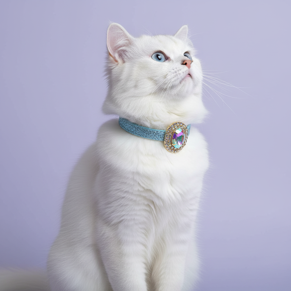 White Persian cat with blue eyes sitting upright gazing upward wearing a light blue glitter breakaway cat collar with an iridescent aurora borealis oval crystal sunburst pendant