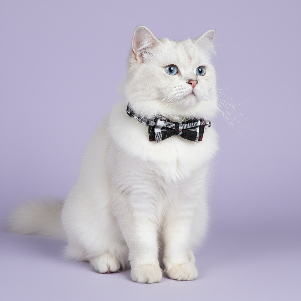 White Ragdoll cat sitting upright with an upward gaze wearing a black and white plaid bow tie breakaway cat collar with a silver bell