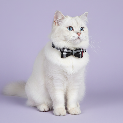 White Ragdoll cat sitting upright with an upward gaze wearing a black and white plaid bow tie breakaway cat collar with a silver bell