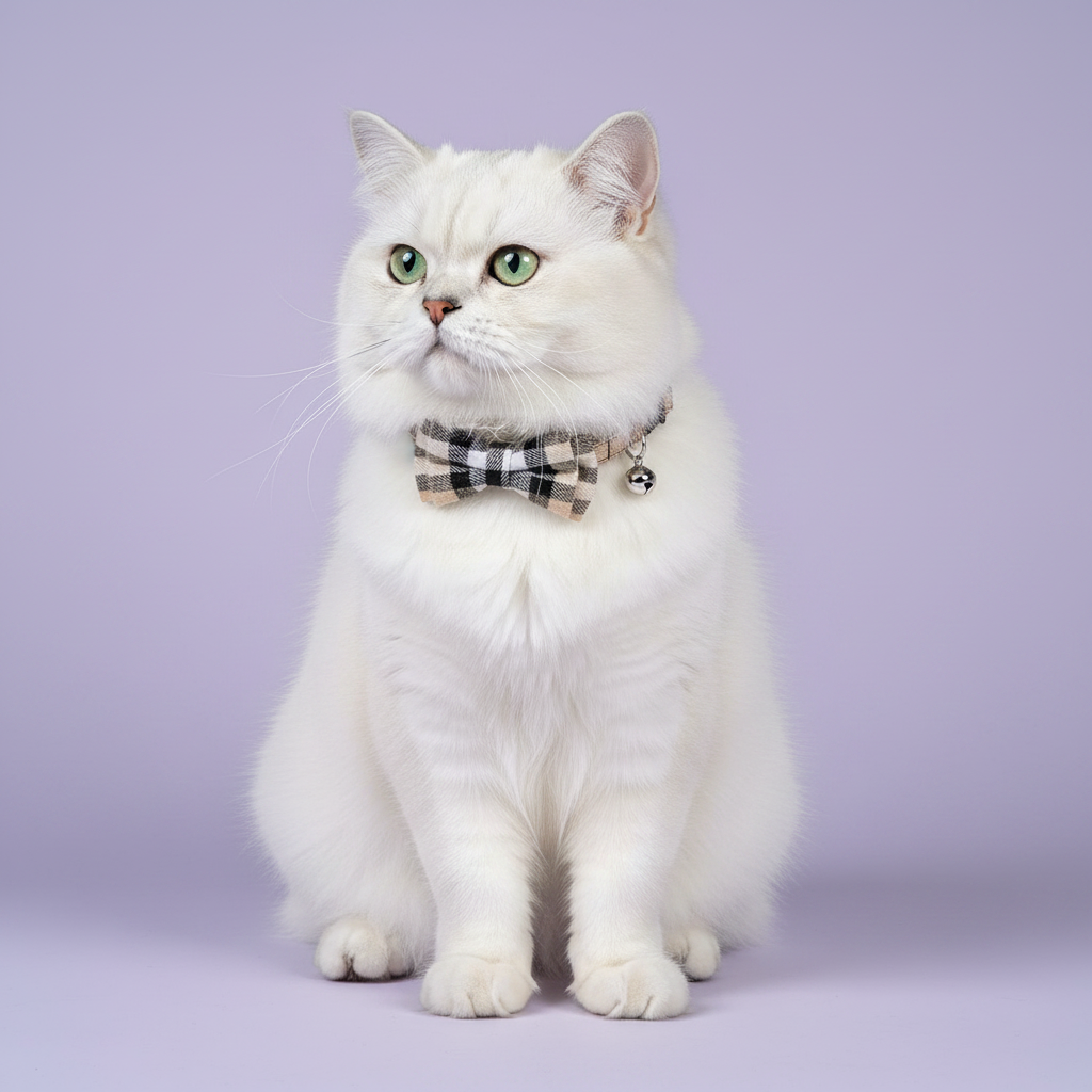 White British Shorthair sitting upright with an upward gaze wearing a cream and black plaid bow tie breakaway cat collar with a silver bell