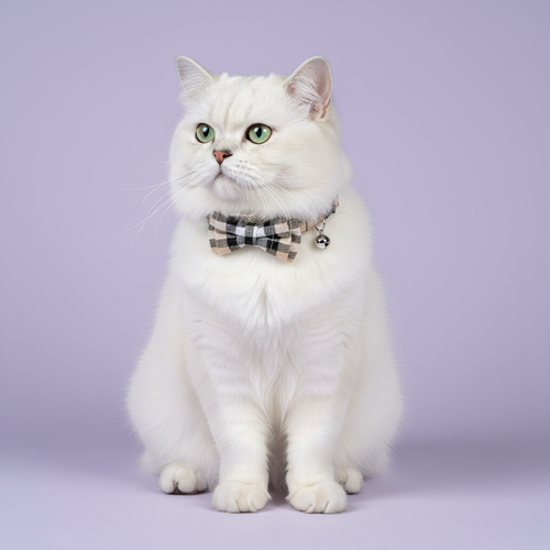 White British Shorthair sitting upright with an upward gaze wearing a cream and black plaid bow tie breakaway cat collar with a silver bell
