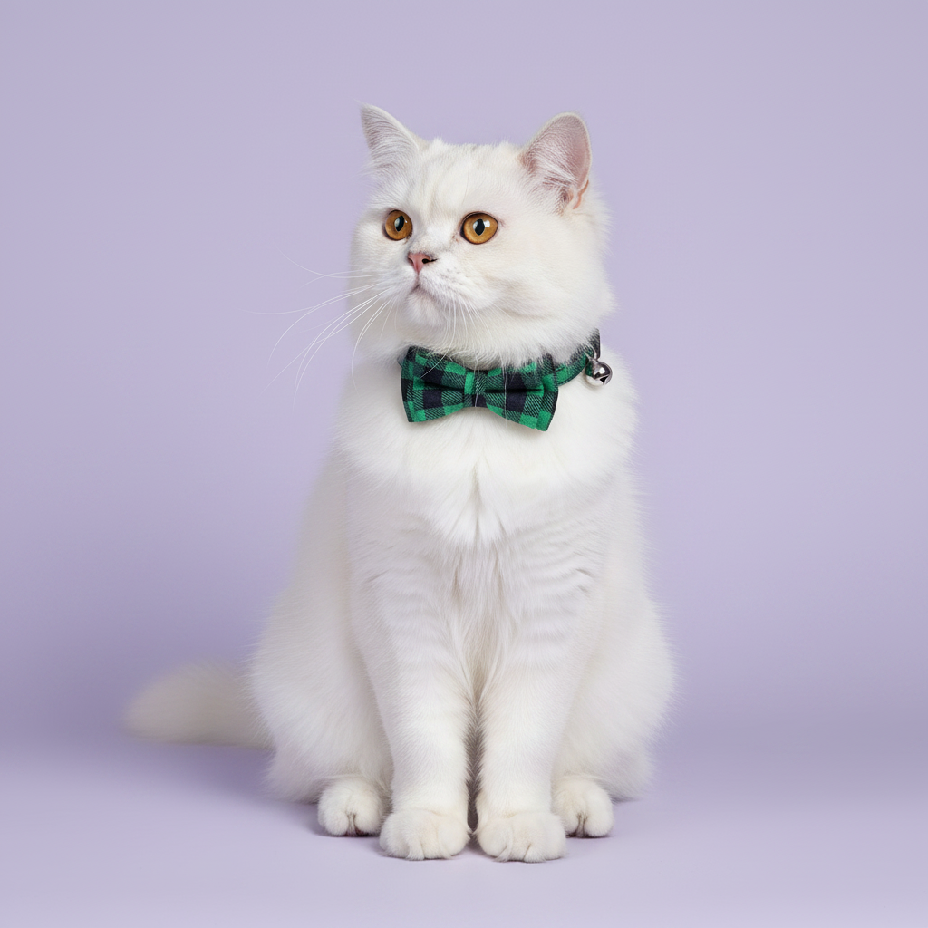 White Persian cat sitting upright and gazing upward wearing a green plaid bow tie breakaway cat collar with a silver bell