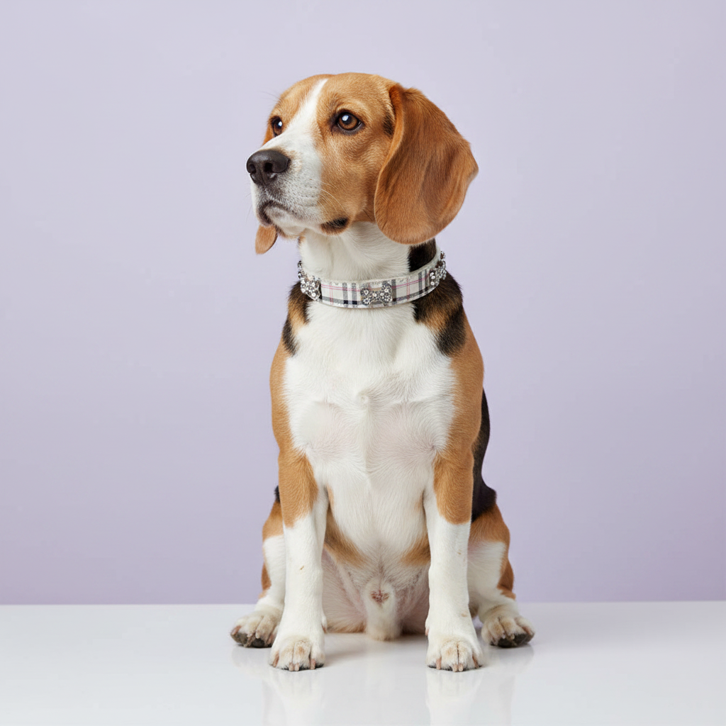 Beagle sitting tall and gazing up wearing a white plaid rhinestone dog collar with silver bone charm accents