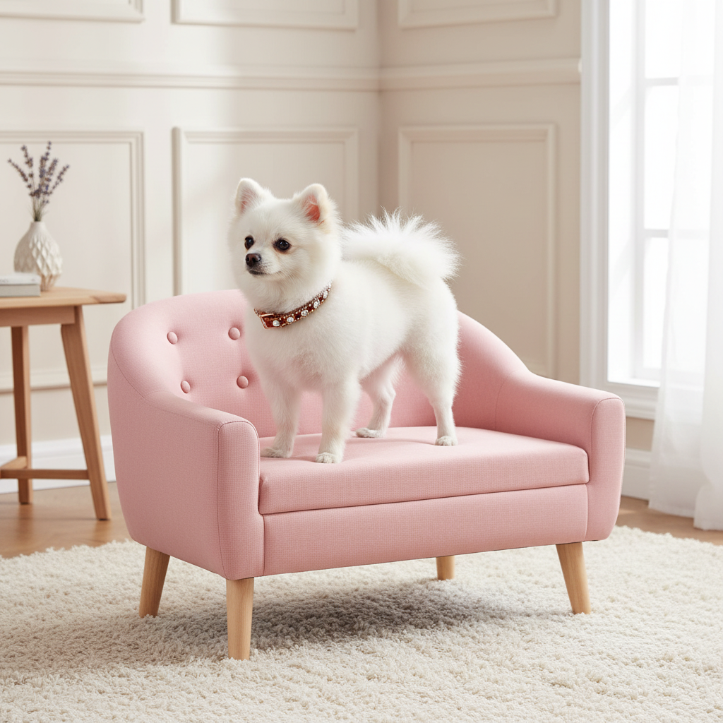 White Pomeranian wearing the collar on the pink couch