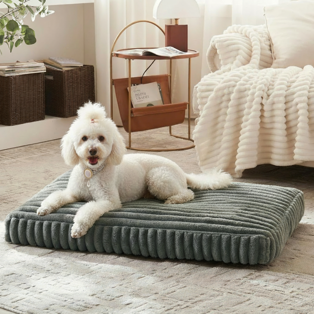 White Poodle lying on a sage green corduroy orthopedic dog mat in a warm neutral living room with a cream sofa, gold side table, and woven storage baskets, wearing a silver pearl cameo collar
