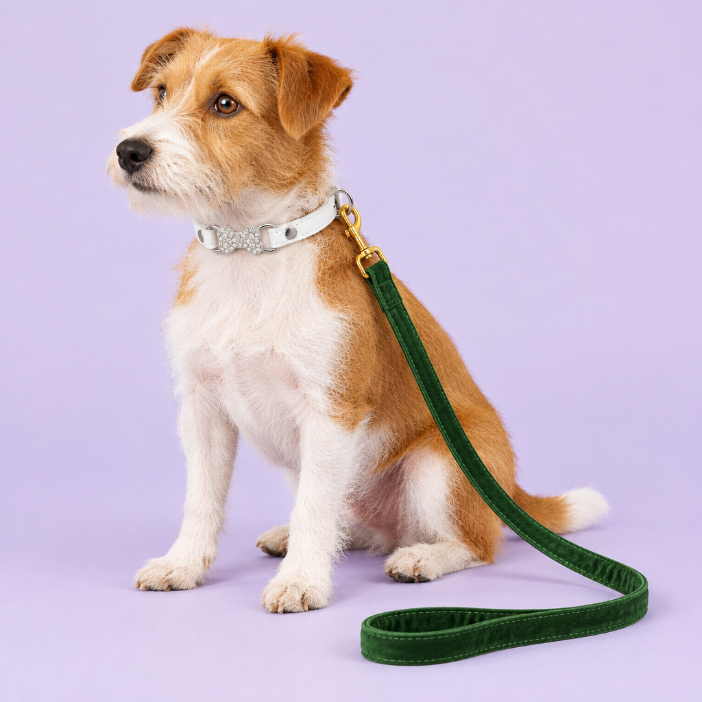 White rhinestone-bone collar with green velvet leash