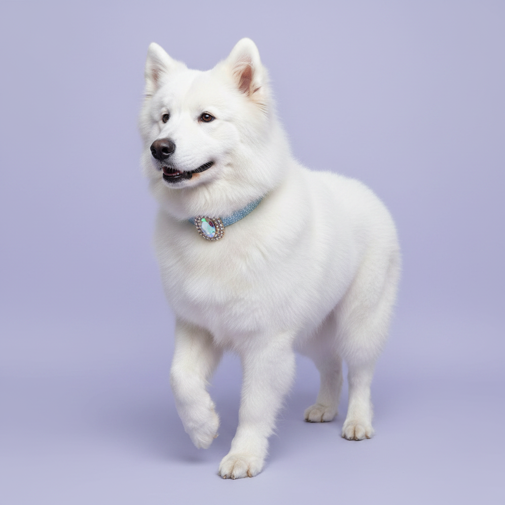 White Samoyed standing in a three-quarter pose with one paw raised wearing a light blue glitter dog collar with an iridescent aurora borealis oval crystal sunburst pendant